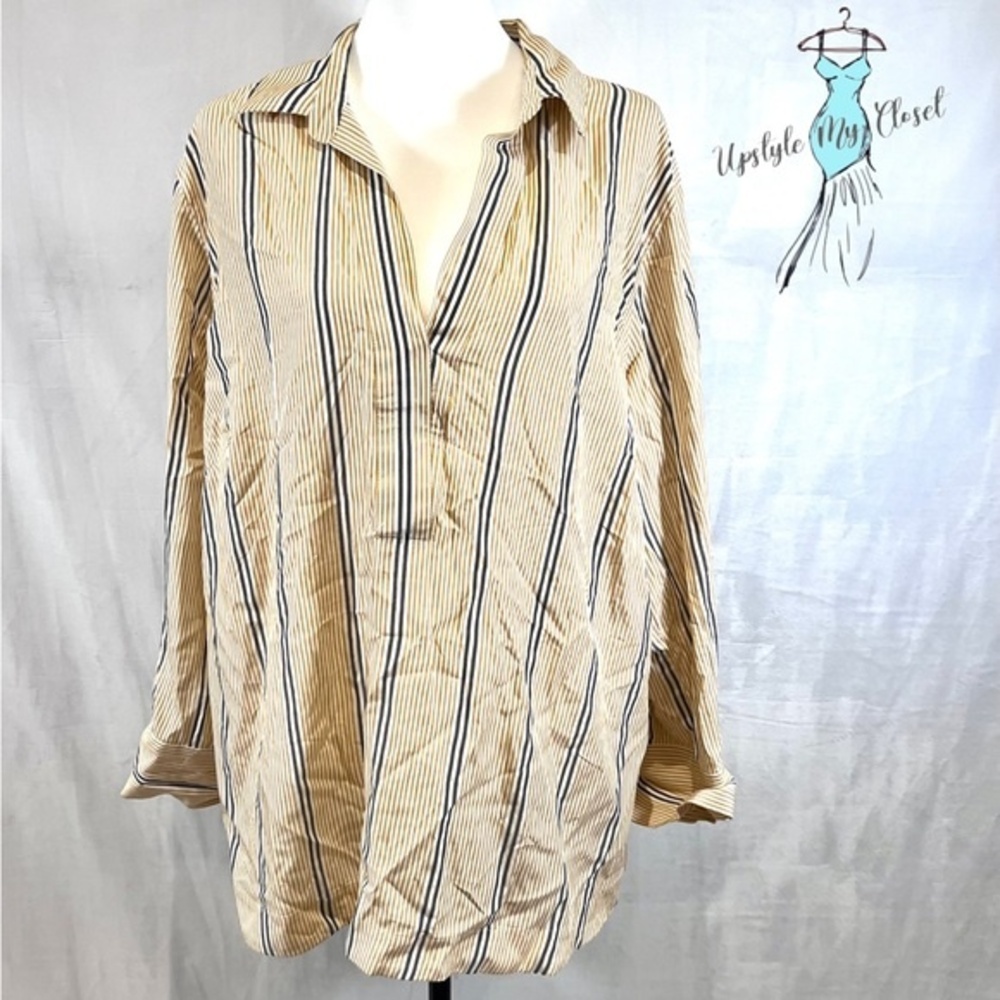Premise Studio long sleeve woven mustard yellow & black striped top size 1X NWT